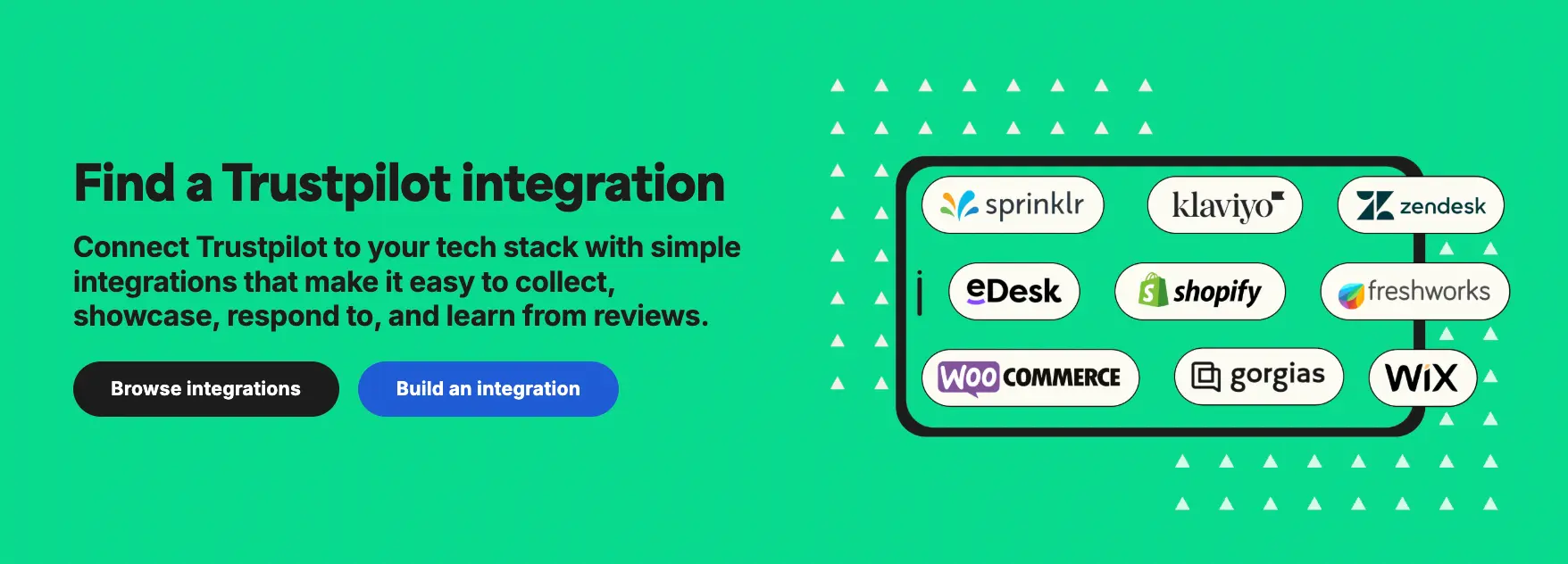 Trustpilot integration directory showing Shopify, WooCommerce, Zendesk, and other app connections for businesses