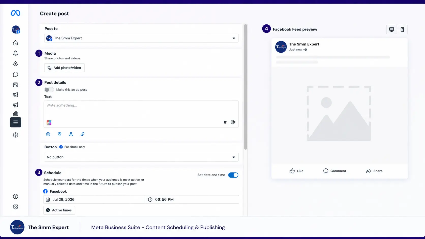 Meta Business Suite content scheduling interface showing media upload, post editor, Facebook feed preview, and post scheduling options.