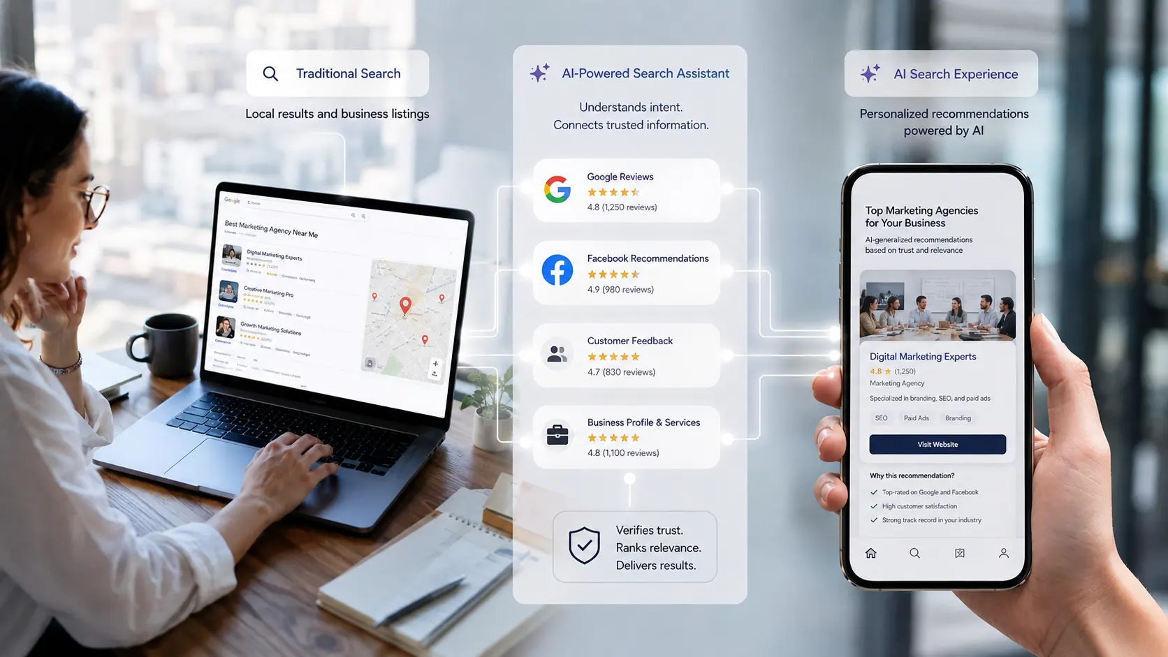 AI search shift changing how customers discover businesses through Google Reviews, Facebook Recommendations, and business profiles in 2026