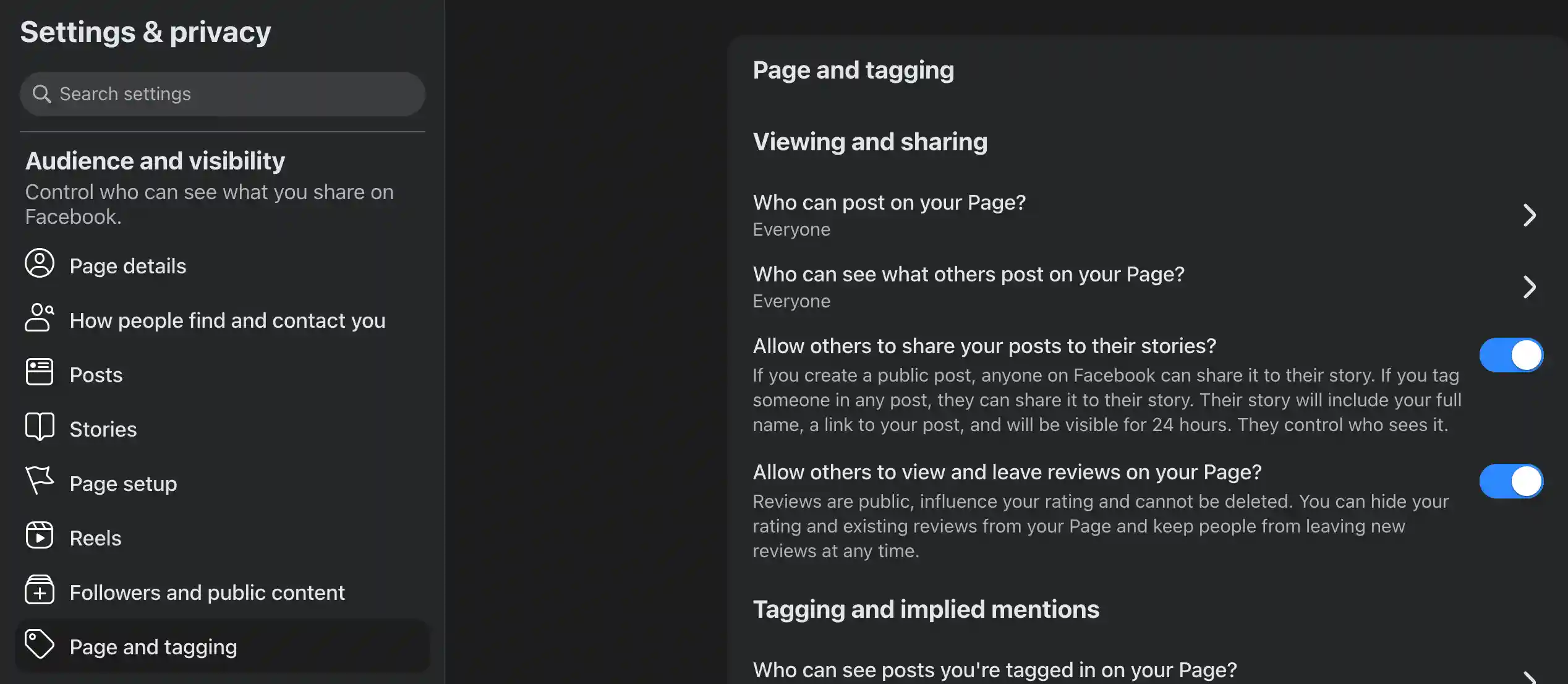 Facebook Page settings showing the option to allow people to view and leave reviews