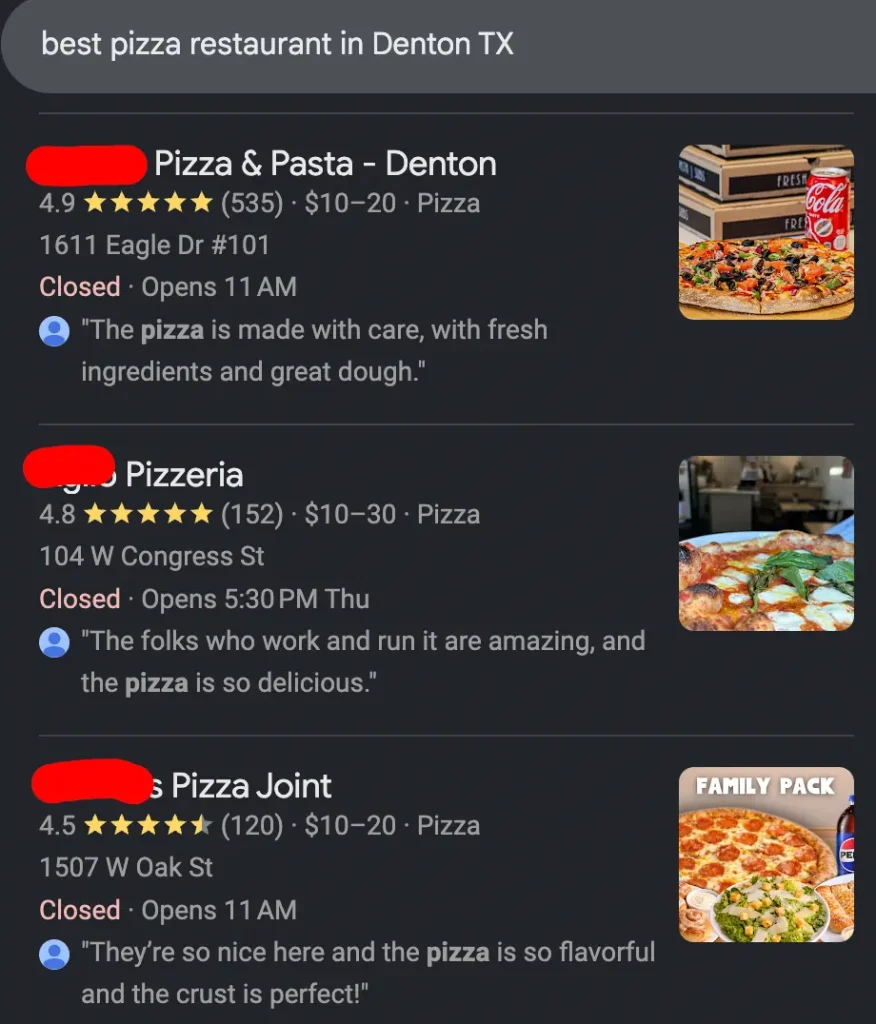 Google local search results showing business ratings and review counts