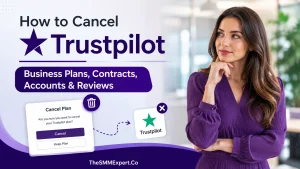 Professional woman explaining how to cancel Trustpilot business plans, contracts, accounts, and reviews in a step-by-step guide.