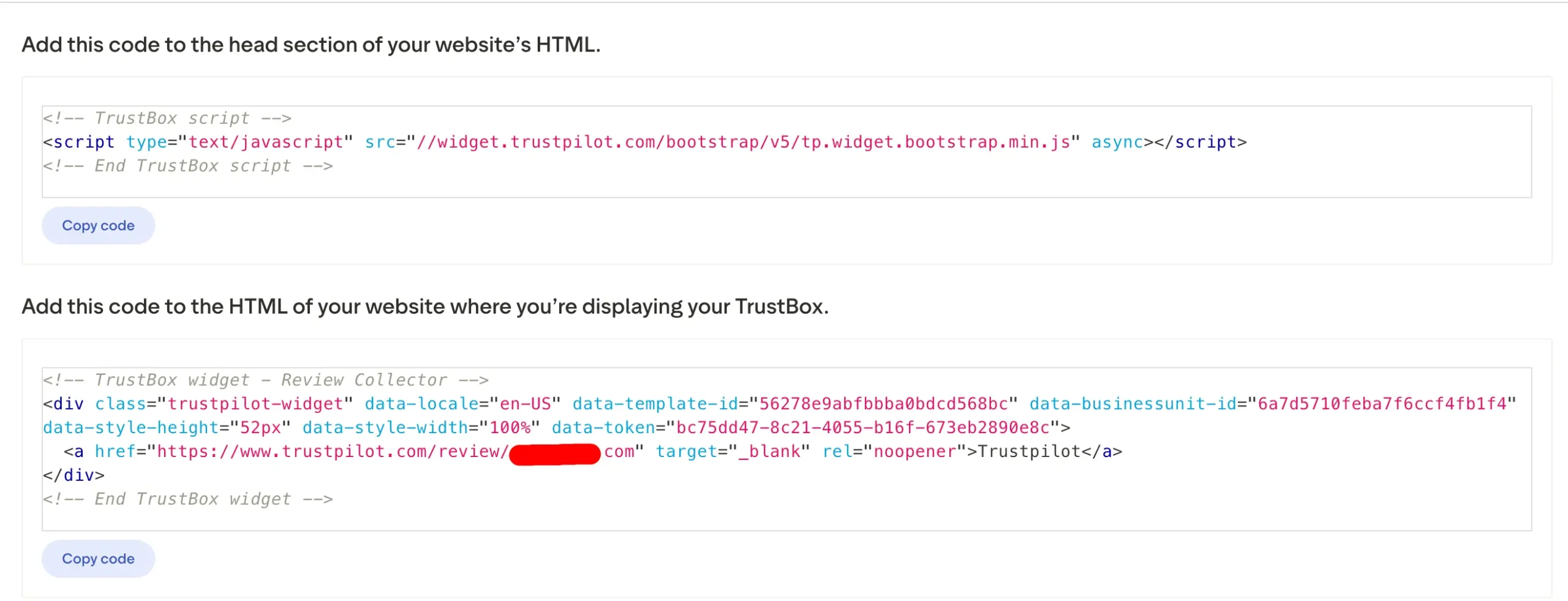 Trustpilot TrustBox code generation showing the widget code and Get Code setup