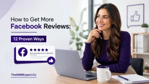 Professional illustration for a guide on how to get more Facebook reviews, featuring a business owner, five-star review card, and 12 proven ways to increase Facebook reviews.