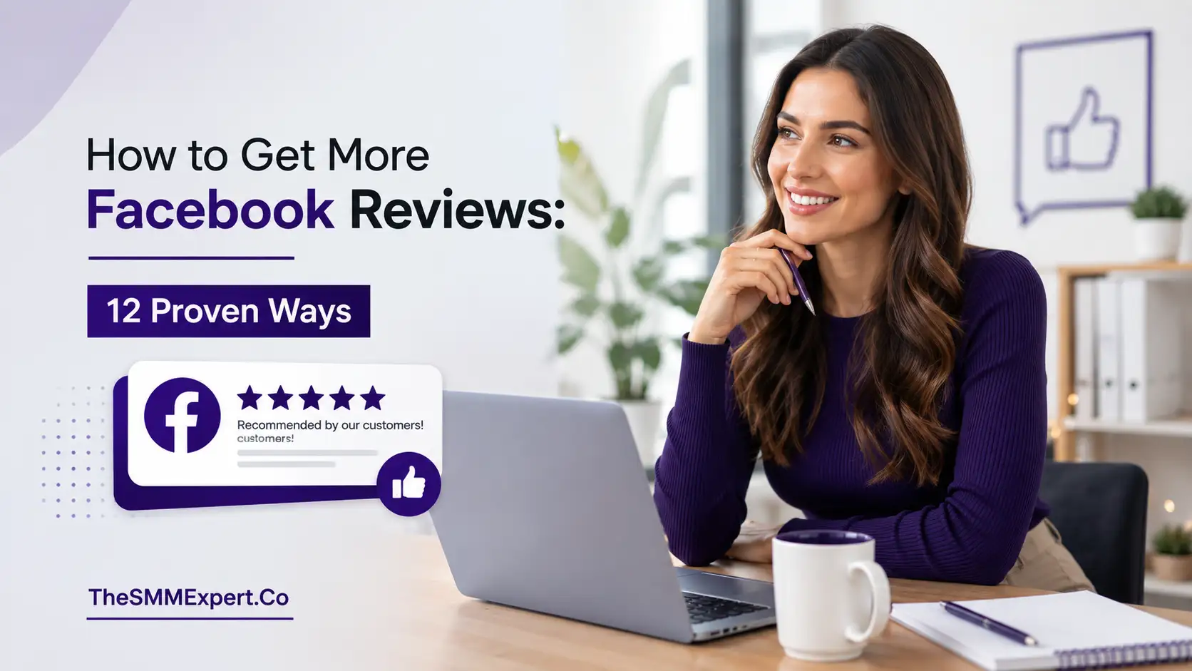 Professional illustration for a guide on how to get more Facebook reviews, featuring a business owner, five-star review card, and 12 proven ways to increase Facebook reviews.