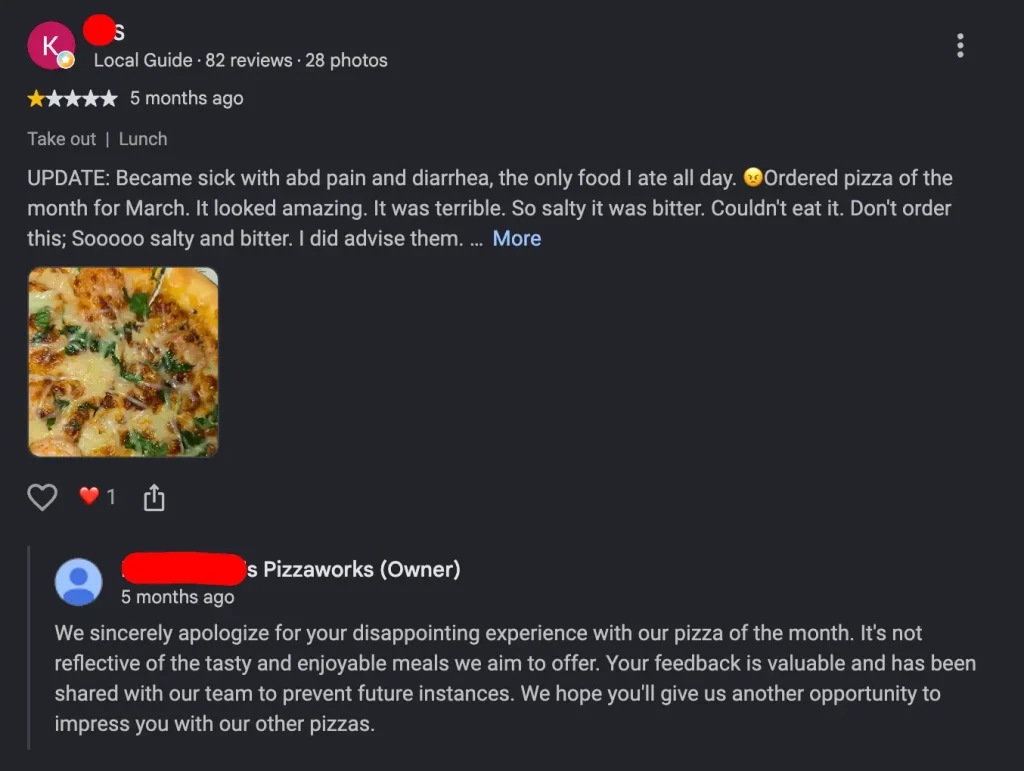 Professional response example by a business owner to a negative Google review