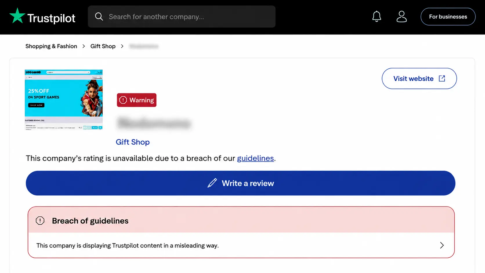 Trustpilot warning banner displayed on a business profile
