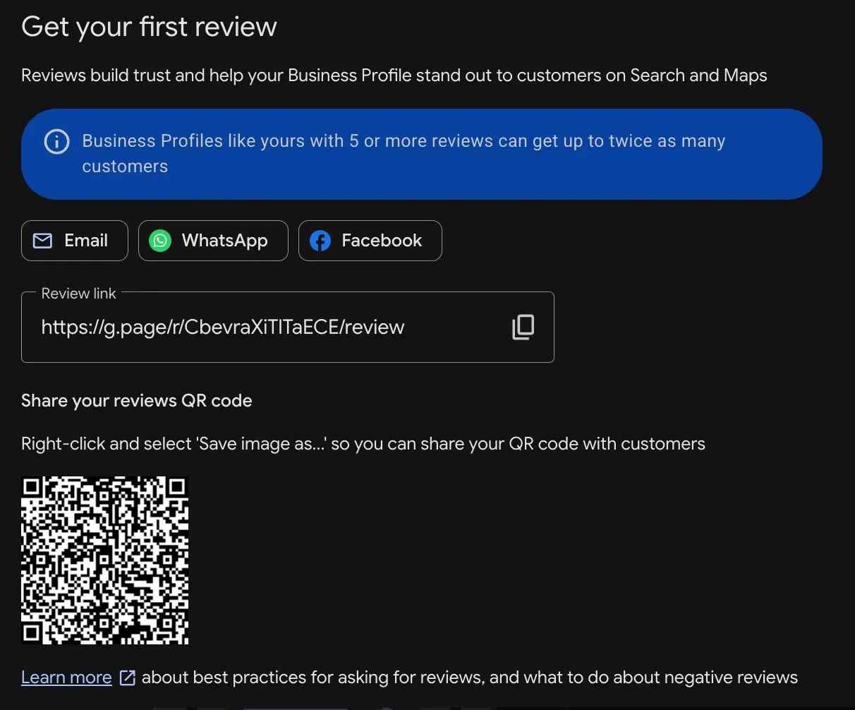 Google Business Profile showing the Google review link and QR code